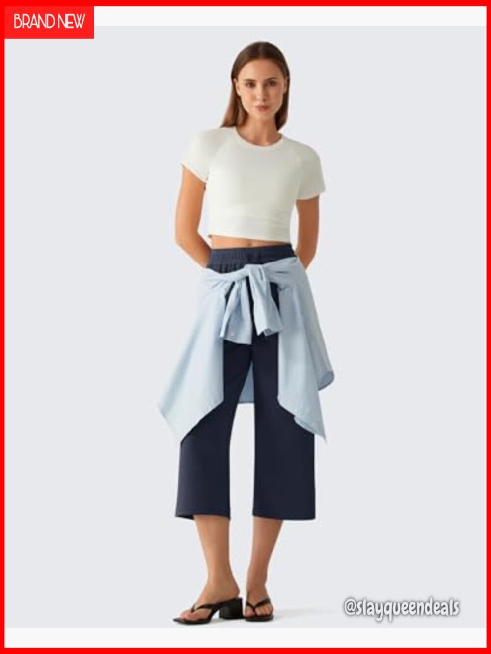 Women's Drawstring Wide Leg Capri Pants with Pockets - Picture 4 of 7